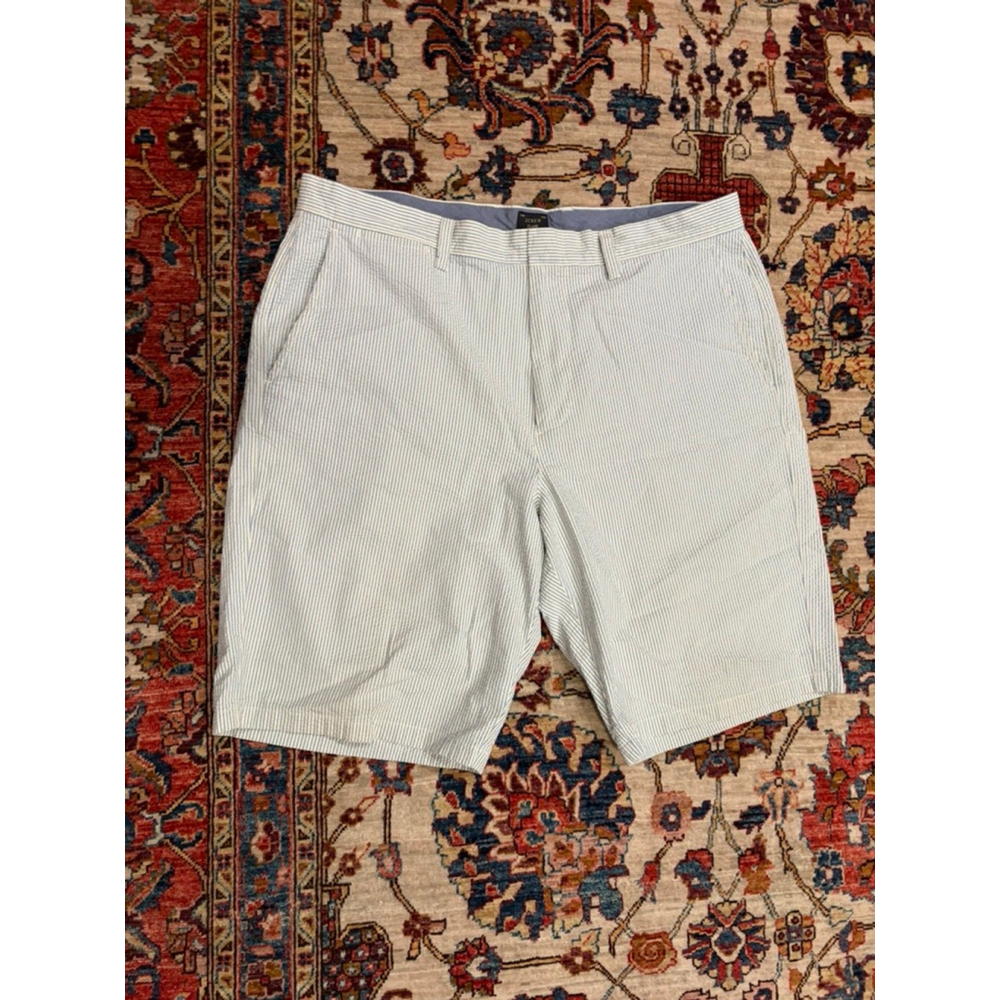 J.Crew Club Seersucker Stripe Flat Front Shorts Mens 36W Blue White Cotton